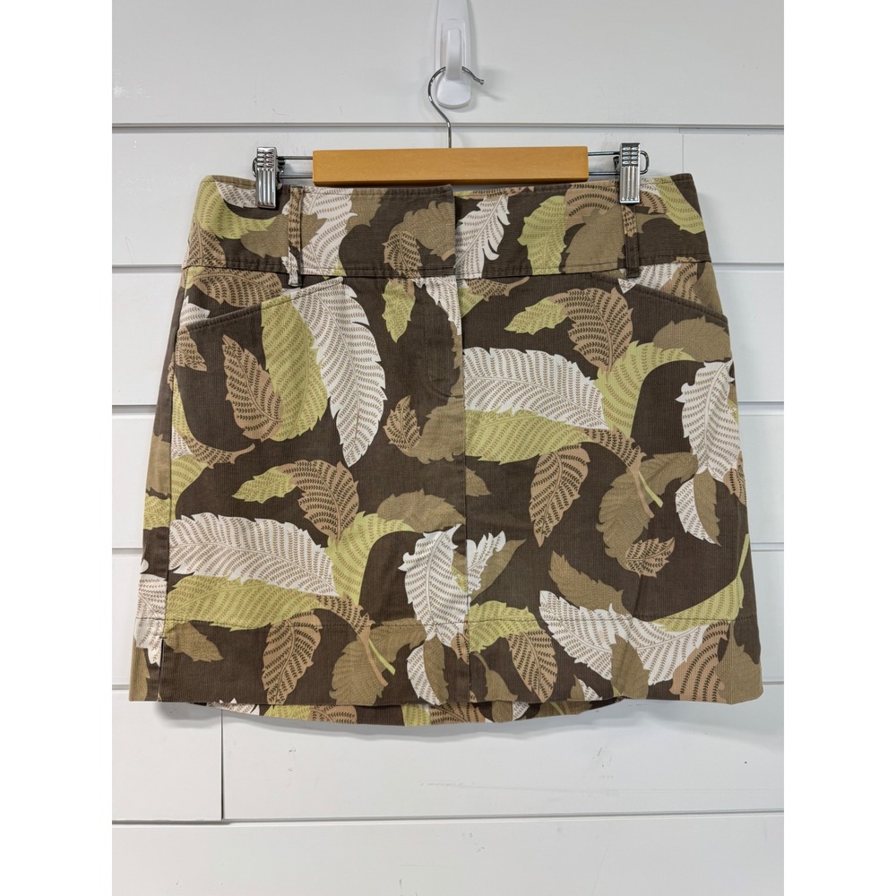 Ann Taylor LOFT Brown Green Tropical Leaf Corduroy Mini Skirt Size 12